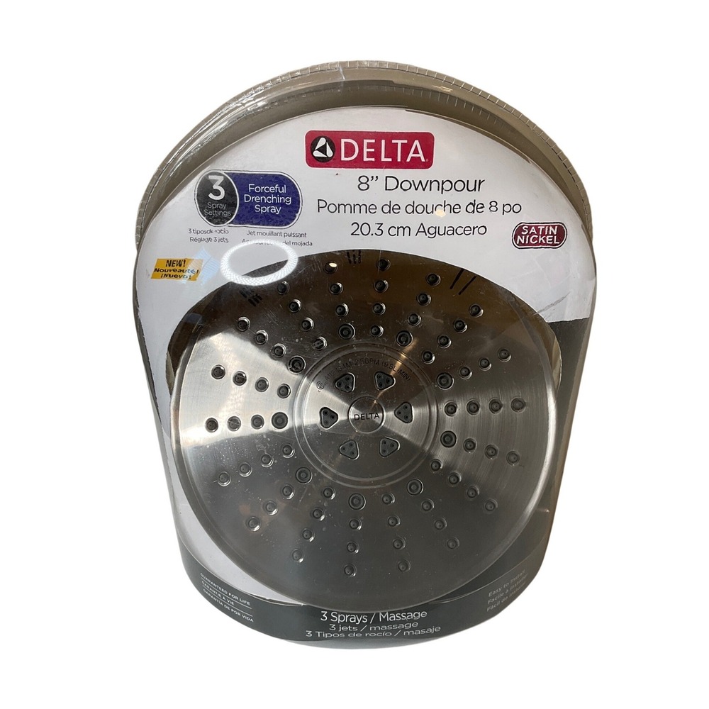 NEW Delta 8" Downpour Satin Nickle 3 Spray Massage Shower Head Relaxation